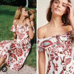 413-Anthropologie Floral Button-Down Dress in Red‎ and Cream With Pockets